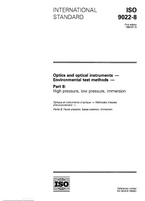 Optics and optical instruments - Environmental test methods - Part 8: High pressure, low pressure, immersion
