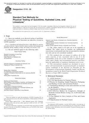 Standard Test Methods for Physical Testing of Quicklime, Hydrated Lime, and Limestone