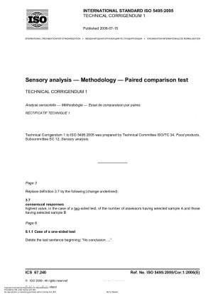 Sensory analysis - Methodology - Paired comparison test; Technical Corrigendum 1