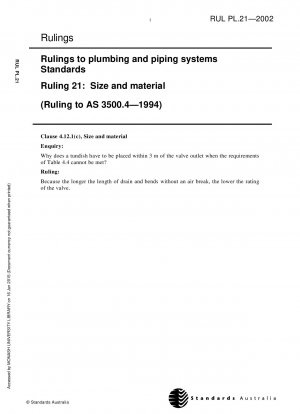 Rulings to plumbing and piping systems Standards - Size and material (Ruling to AS 3500.4-1994)