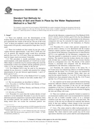 Standard Test Methods for  Density of Soil and Rock in Place by the Water Replacement   Method in a Test Pit