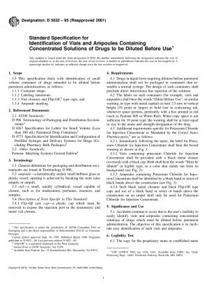 Standard Specification for Identification of Vials and Ampoules Containing Concentrated Solutions of Drugs to be Diluted Before Use