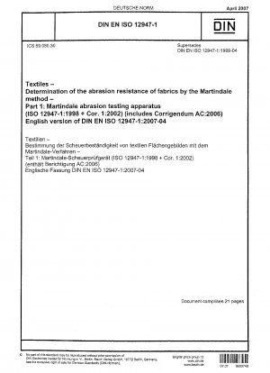Textiles - Determination of the abrasion resistance of fabrics by the Martindale method - Part 1: Martindale abrasion testing apparatus (ISO 12947-1:1998+Cor. 1:2002)(includes Corrigendum AC:2006); English version of DIN EN ISO 12947-1:2007-04