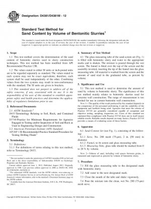Standard Test Method for Sand Content by Volume of Bentonitic Slurries