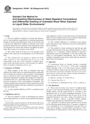 Standard Test Method for Anti-Swelling Effectiveness of Water-Repellent Formulations and Differential Swelling of Untreated Wood When Exposed to Liquid Water Environments