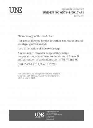 Microbiology of the food chain - Horizontal method for the detection, enumeration and serotyping of Salmonella - Part 1: Detection of Salmonella spp. - Amendment 1 Broader range of incubation temperatures, amendment to the status of Annex D, and correc...