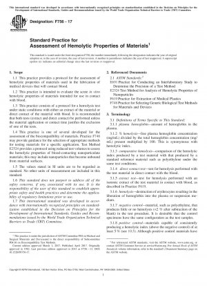 Standard Practice for Assessment of Hemolytic Properties of Materials