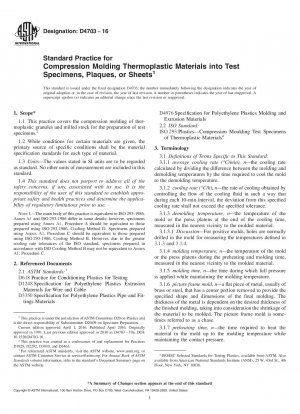 Standard Practice for  Compression Molding Thermoplastic Materials into Test Specimens,  Plaques, or Sheets