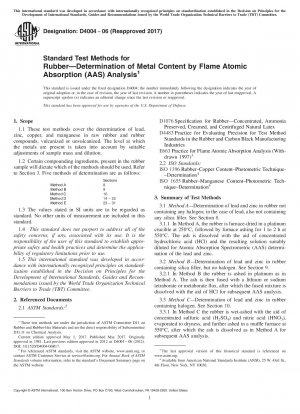 Standard Test Methods for Rubber—Determination of Metal Content by Flame Atomic Absorption (AAS) Analysis