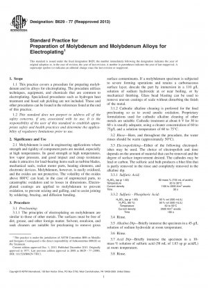 Standard Practice for  Preparation of Molybdenum and Molybdenum Alloys for Electroplating