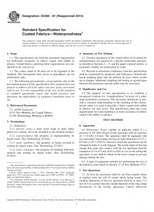 Standard Specification for Coated Fabricsmdash;Waterproofness