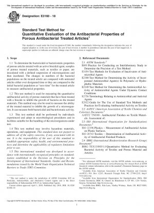 Standard Test Method for Quantitative Evaluation of the Antibacterial Properties of Porous Antibacterial Treated Articles