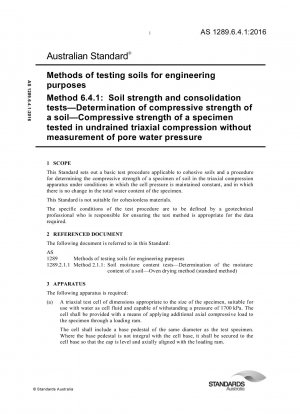 Methods of testing soils for engineering purposes - Soil strength and consolidation tests - Determination of compressive strength of a soil - Compressive strength of a specimen tested in undrained triaxial compression without measurement of pore water p
