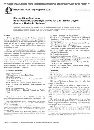 Standard Specification for  Hand-Operated, Globe-Style Valves for Gas (Except Oxygen Gas)  and Hydraulic Systems