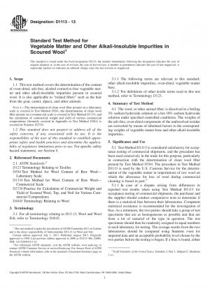 Standard Test Method for  Vegetable Matter and Other Alkali-Insoluble Impurities in Scoured  Wool