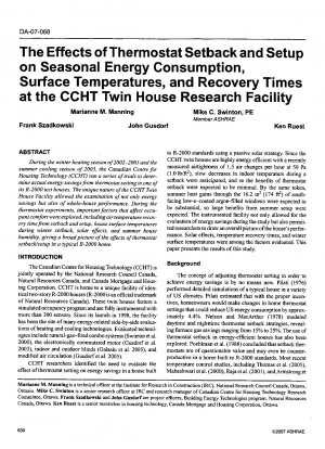 The effects of thermostat Setback and Setup on Seasonal Energy Consumption@ Surface Temperatures@ and Recovery Times at the CCHT Twin House Research Facility
