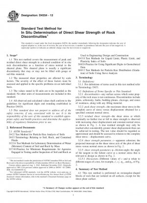 Standard Test Method for  In Situ Determination of Direct Shear Strength of Rock Discontinuities