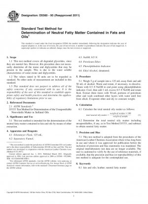 Standard Test Method for Determination of Neutral Fatty Matter Contained in Fats and Oils