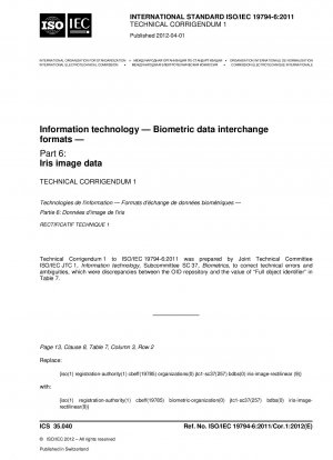 Information technology - Biometric data interchange formats - Part 6: Iris image data; Technical Corrigendum 1