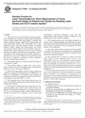 Standard Practice for Laser Technologies for Direct Measurement of Cross Sectional Shape of Pipeline and Conduit by Rotating Laser Diodes and CCTV Camera System