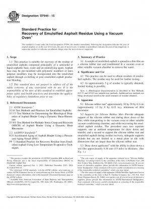 Standard Practice for Recovery of Emulsified Asphalt Residue Using a Vacuum Oven