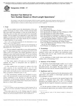 Standard Test Method for  Yarn Number Based on Short-Length Specimens