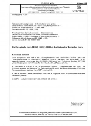 Petroleum and related products - Determination of spray ignition characteristics of fire-resistant fluids - Part 1: Spray flame persistance; Hollow-cone nozzle method (ISO 15029-1:1999); German version EN ISO 15029-1:1999