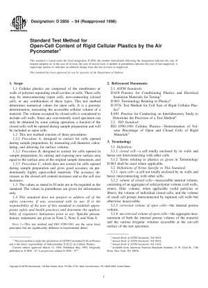 Standard Test Method for Open-Cell Content of Rigid Cellular Plastics by the Air Pycnometer