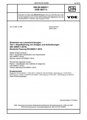 Safety of laser products - Part 1: Equipment classification and requirements (IEC 60825-1:2014); German version EN 60825-1:2014