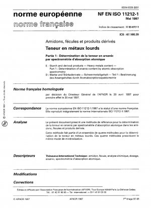 Starch and derived products. Heavy metals content. Part 1 : determination of arsenic content by atomic absorption spectrometry.