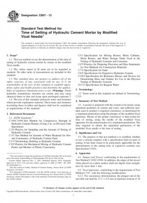 Standard Test Method for  Time of Setting of Hydraulic Cement Mortar by Modified Vicat  Needle