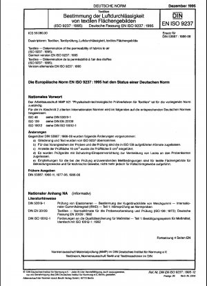 Textiles - Determination of permeability of fabrics to air (ISO 9237:1995); German version EN ISO 9237:1995