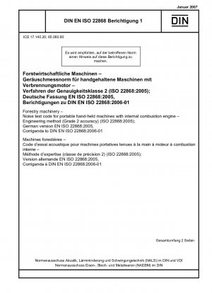 Forestry machinery – Noise test code for portable hand-held machines with internal combustion engine – Engineering method (Grade 2 accuracy) (ISO 22868:2005)