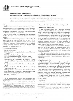 Standard Test Method for Determination of Iodine Number of Activated Carbon