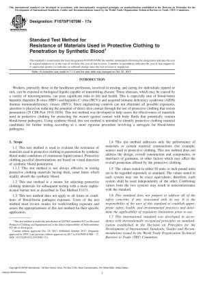 Standard Test Method for Resistance of Materials Used in Protective Clothing to Penetration by Synthetic Blood