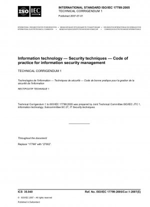 Information technology - Security techniques - Code of practice for information security management; Technical Corrigendum 1