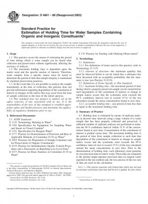 Standard Practice for Estimation of Holding Time for Water Samples Containing Organic and Inorganic Constituents