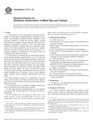 Standard Practice for Ultrasonic Examination of Metal Pipe and Tubing