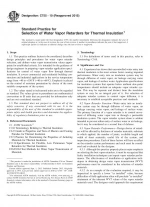 Standard Practice for Selection of Water Vapor Retarders for Thermal Insulation