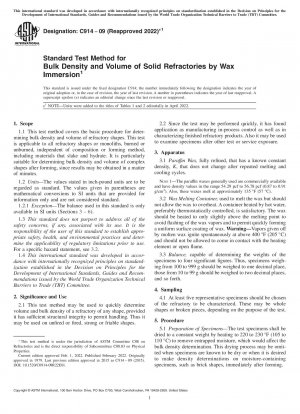 Standard Test Method for Bulk Density and Volume of Solid Refractories by Wax Immersion