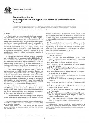Standard Practice for  Selecting Generic Biological Test Methods for Materials and  Devices