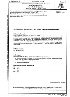 Materials and articles in contact with foodstuffs; catering containers; part 1: dimensions of containers; German version EN 631-1:1992