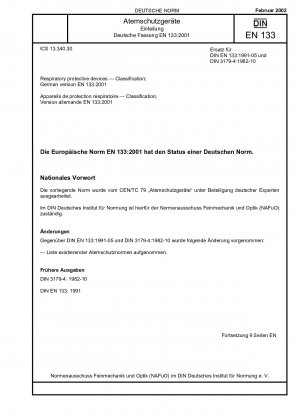 Respiratory protective devices - Classification; German version EN 133:2001