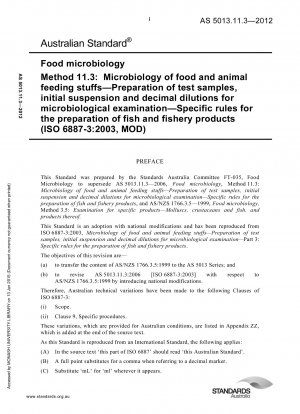 Microbiology of food Microbiology of food and animal feed Preparation of test samples, initial suspensions and decimal dilutions for microbiological examination Specific rules for the preparation of fish and fishery products (ISO 6887-3: 2003 MOD)