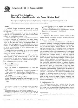 Standard Test Method for Short-Term Liquid Sorption Into Paper (Bristow Test) 