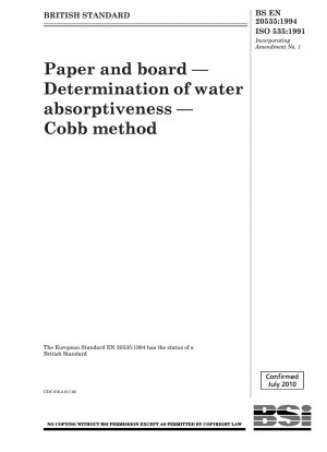 Paper and board; determination of water absorptiveness; Cobb method