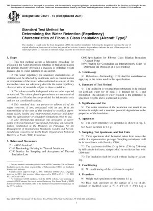Standard Test Method for Determining the Water Retention (Repellency) Characteristics of Fibrous Glass Insulation (Aircraft Type)