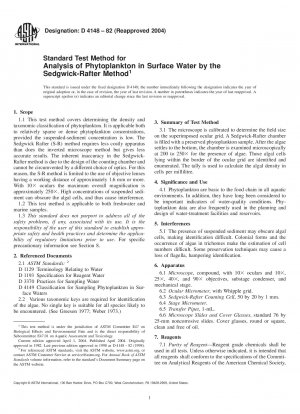 Standard Test Method for Analysis of Phytoplankton in Surface Water by the Sedgwick-Rafter Method
