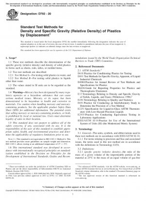 Standard Test Methods for Density and Specific Gravity (Relative Density) of Plastics by Displacement
