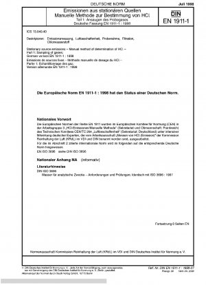 Stationary source emissions - Manual method of determination of HCl - Part 1: Sampling of gases; German version EN 1911-1:1998